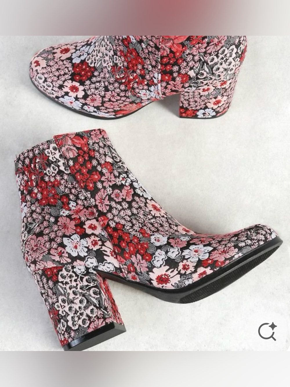 Boho Hippie Floral Block Heel Zip Ankle Boots Red Pink Floral Sz 8? 3” Heel